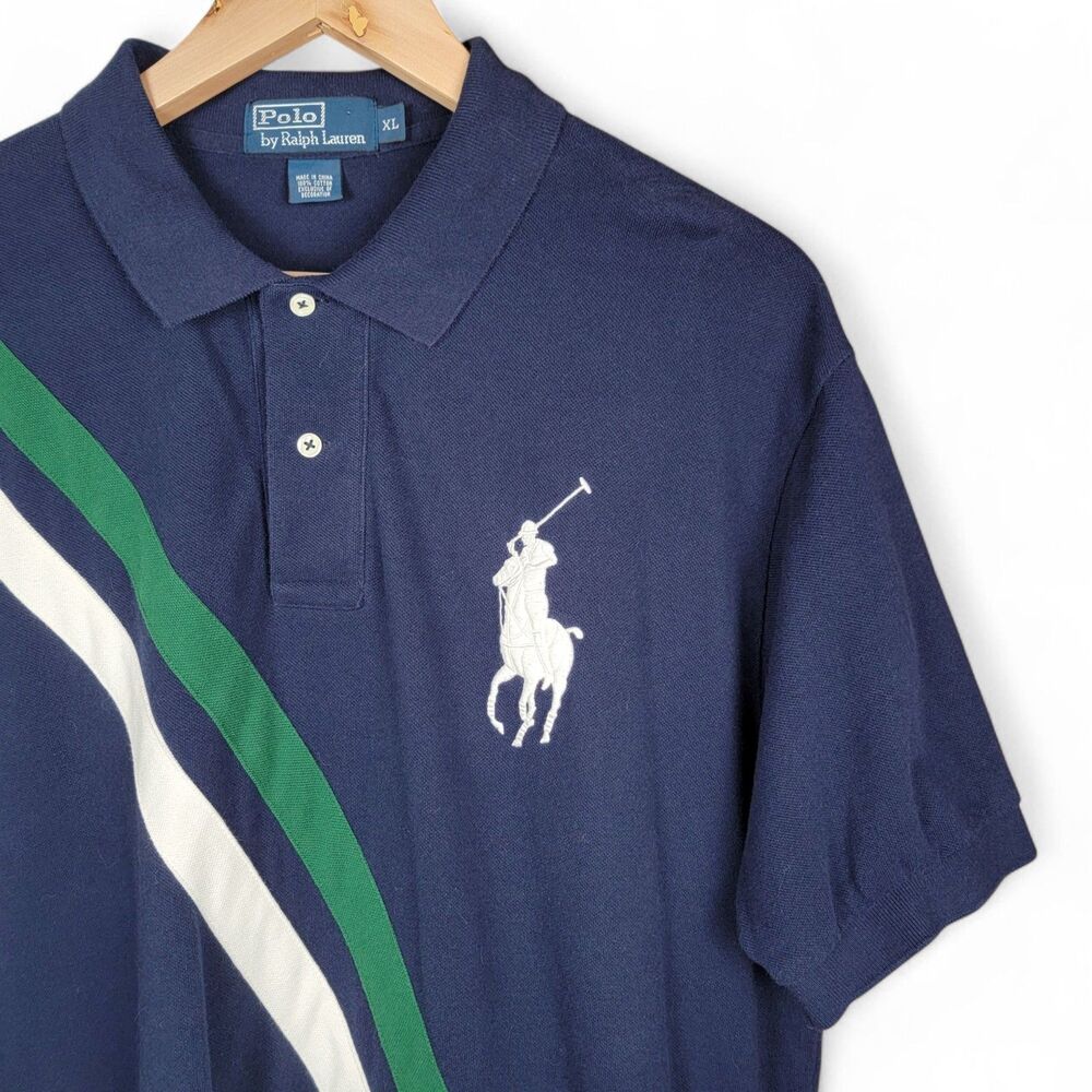 Polo Ralph Lauren Shirt Men's XL Big Pony Polo Striped Preppy Casual Golf Navy